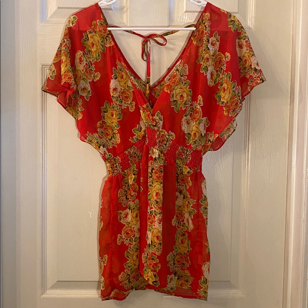 Forever 21 Red Floral Print Sheer Top - Picture 3 of 10